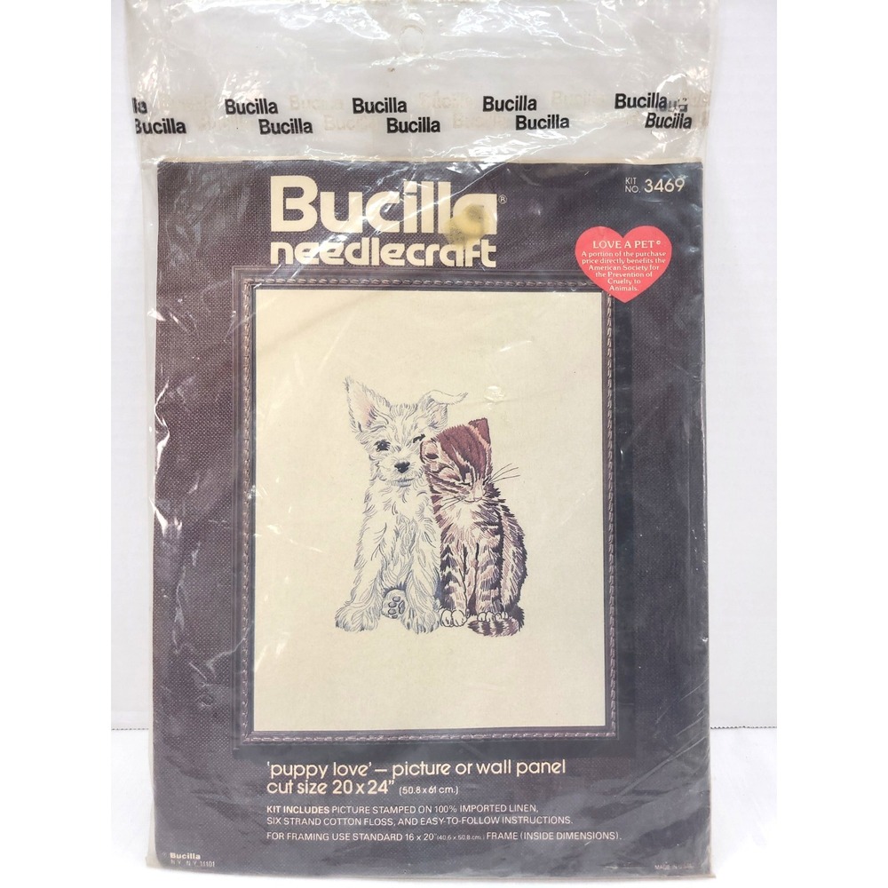 Bucilla Puppy Love Stamped Embroidery Kit #3469 Puppy & Kitten 20" x 24" SEALED